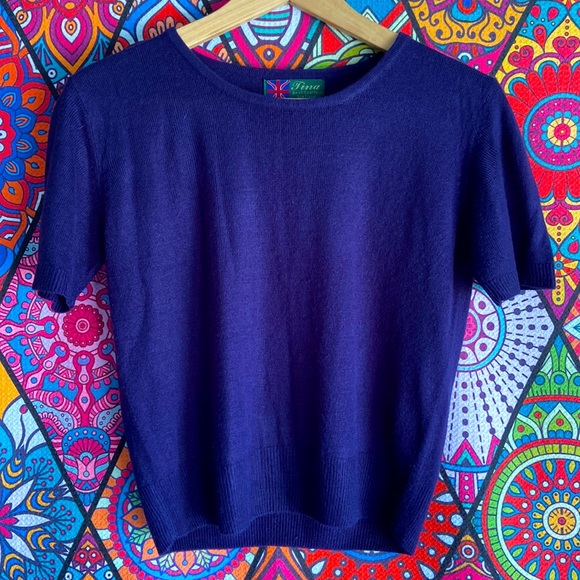 Vintage 100% Cashmere Navy Blue Cropped Sweater Sz 10 - Picture 3 of 7